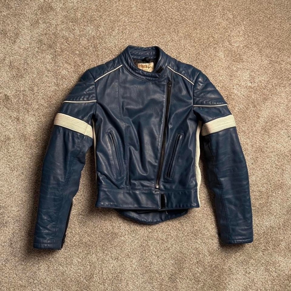 VINTAGE WOLFF BLUE CONTRAST LEATHER MOTO JACKET